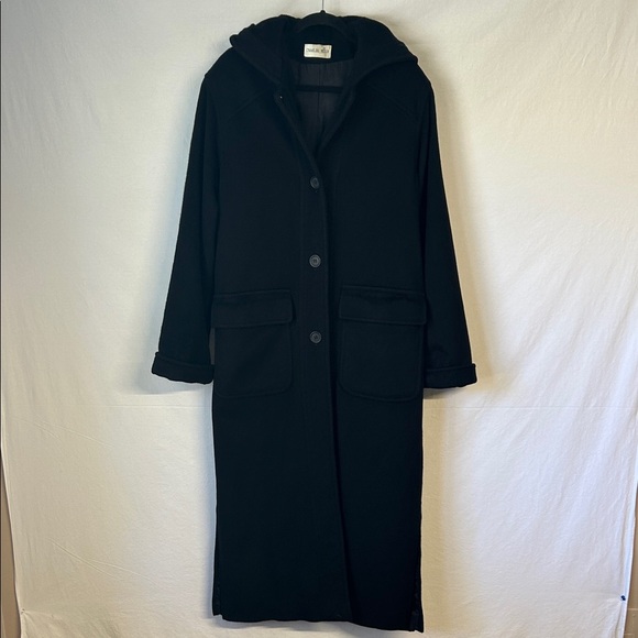 Vintage CHARLES KLEIN Elegant Black Wool Hooded Maxi Coat Size Medium - Picture 1 of 12